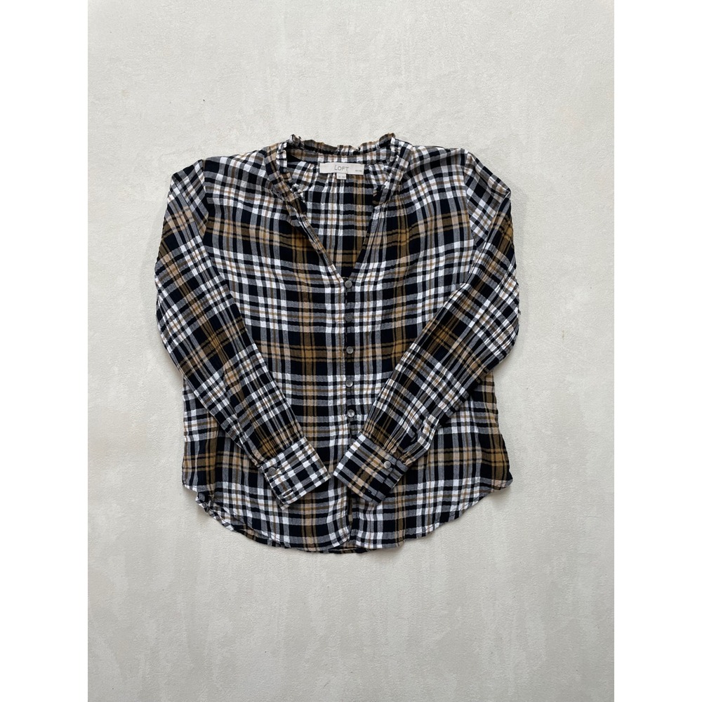 LOFT Petites Plaid Ruffle Neck Button Down Shirt Black Tan SP RN140923